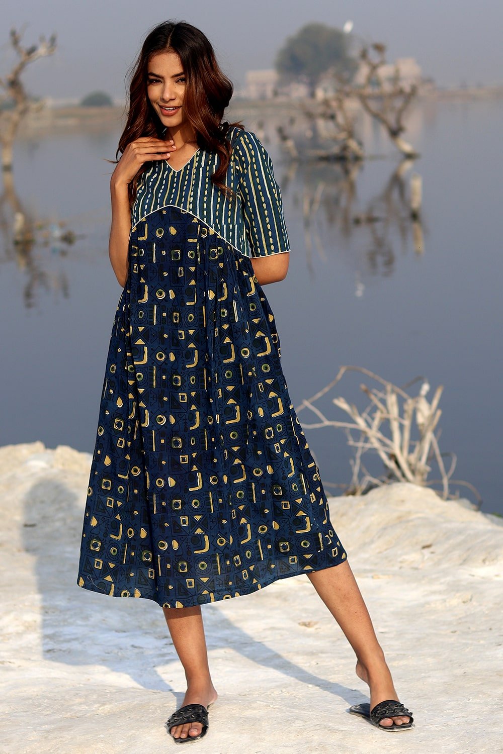 Indigo Fusion Block Printed Cotton Dress