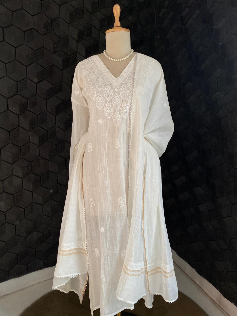 Mul Chanderi Chikankari Kurta Set