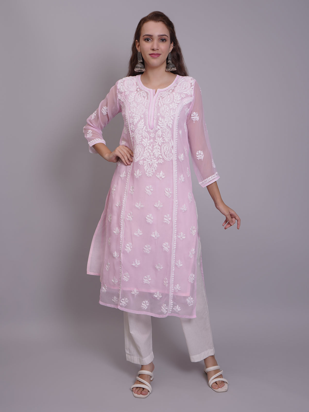 Hand-Embroidered Georgette Lucknowi Chikankari Kurta with Slip