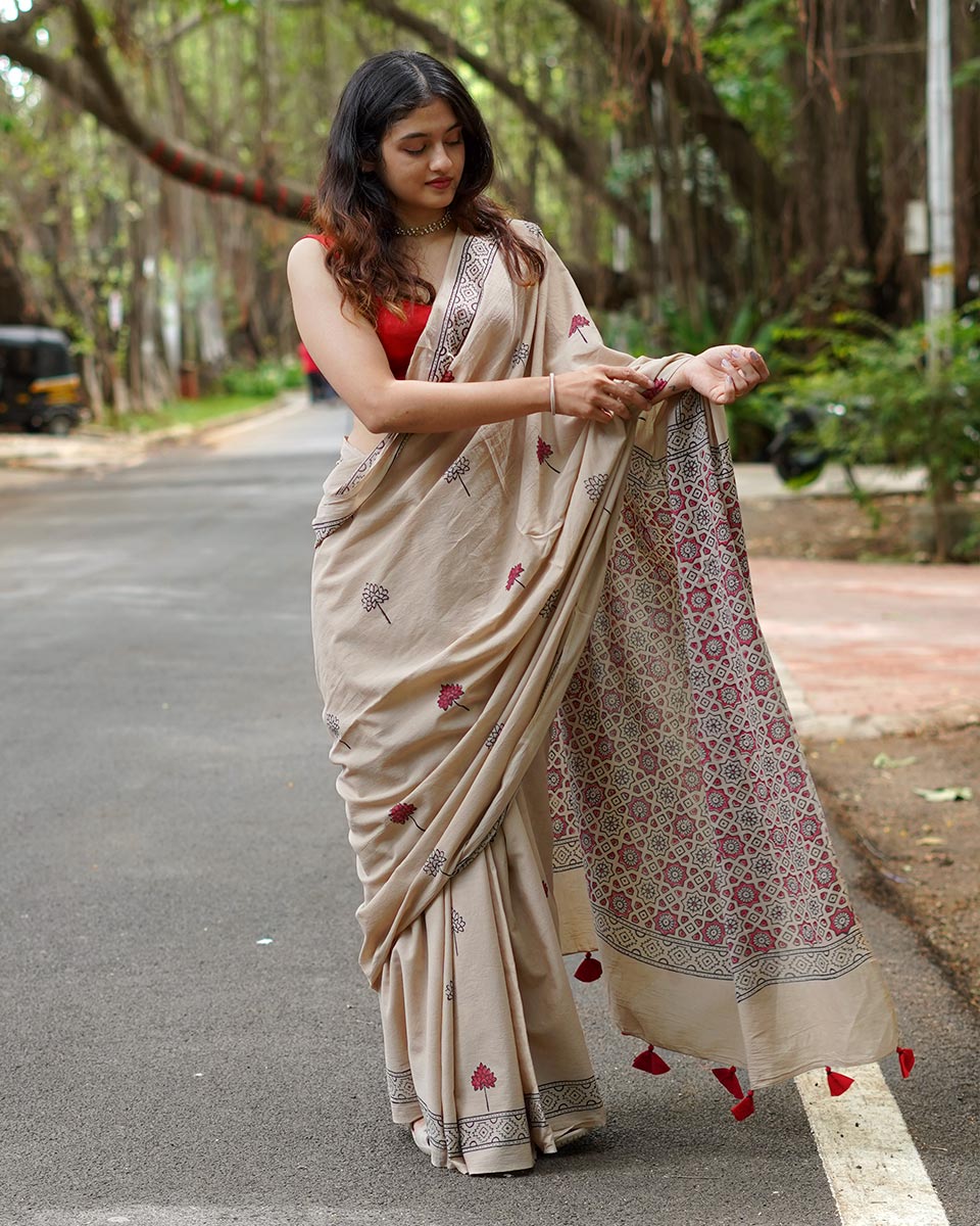 Ajrakh Dabu Hand Block Printed Cotton Saree