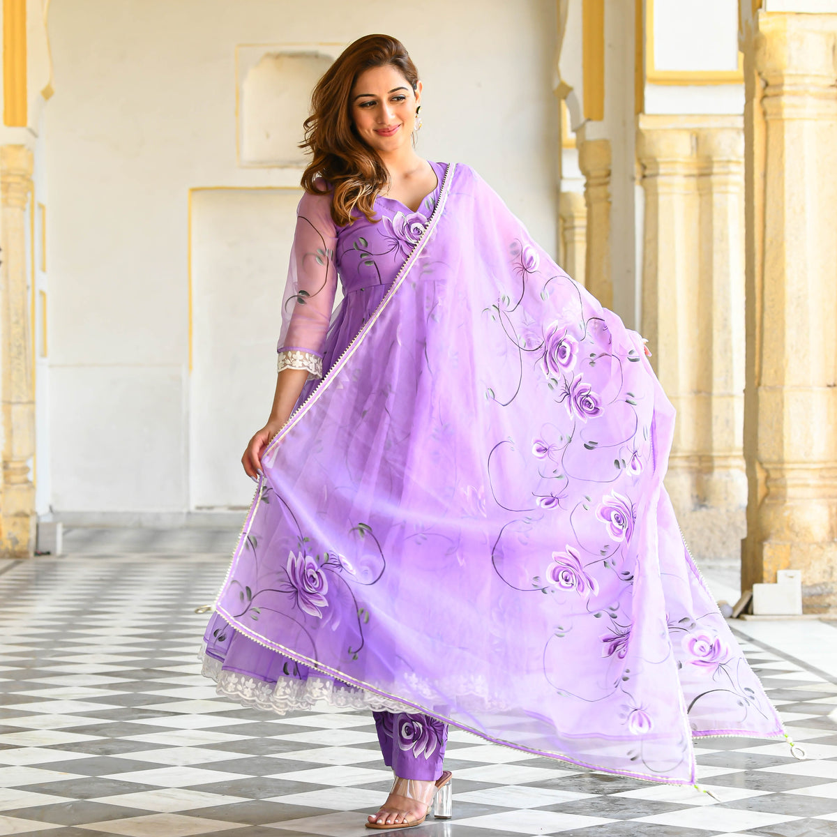 Lavender Handblock Printed Suit Set